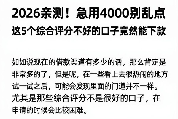 2026亲测！急用4000别乱点，这5个综合评分不好的口子竟然能下款