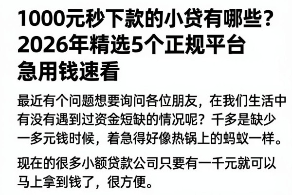 1000元秒下款的小贷有哪些?2026年精选5个正规平台,急用钱速看