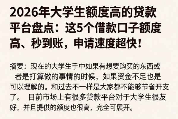 2026年大学生额度高的贷款平台盘点:这5个借款口子额度高、秒到账,申请速度超快!