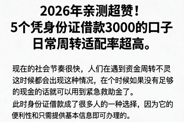 2026年亲测超赞！5个凭身份证借款3000的口子，日常周转适配率超高