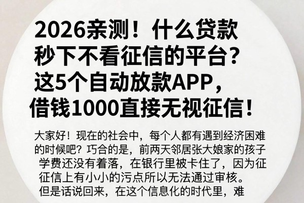 2026亲测！什么贷款秒下不看征信的平台？这5个自动放款APP，借钱1000直接无视征信！