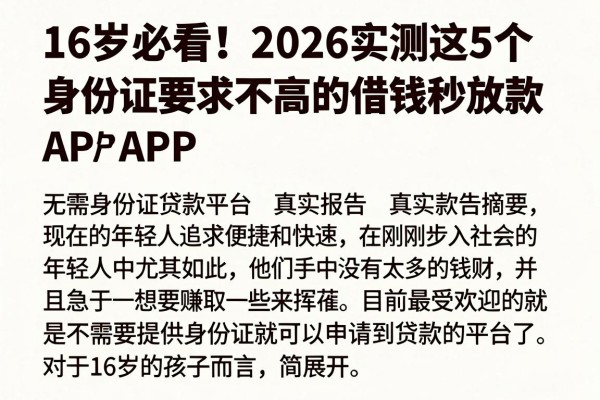 16岁必看!2026实测这5个对身份证要求不高的借钱秒放款APP,无需身份证贷款平台真实报告