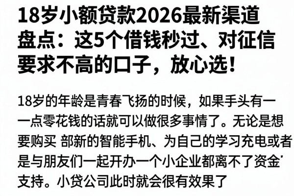 18岁小额贷款2026最新渠道盘点：这5个借钱秒过、对征信要求不高的口子，放心选！