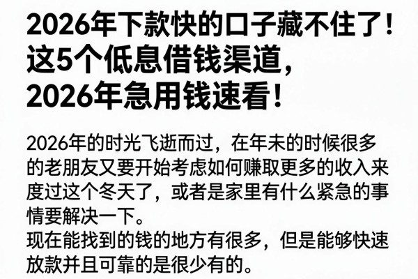 2026年下款快的口子藏不住了!这5个低息借钱渠道,2026年急用钱速看