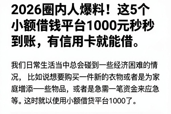 2026圈内人爆料！这5个小额借钱平台1000元秒到账，有信用卡就能借
