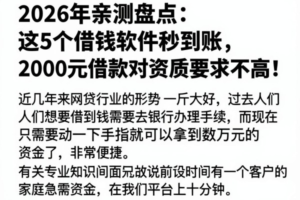 2026年亲测盘点:这5个借钱软件秒到账,2000元借款对资质要求不高!