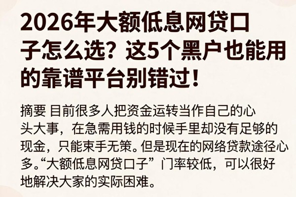 2026年大额低息网贷口子怎么选？这5个黑户也能用的靠谱平台别错过！