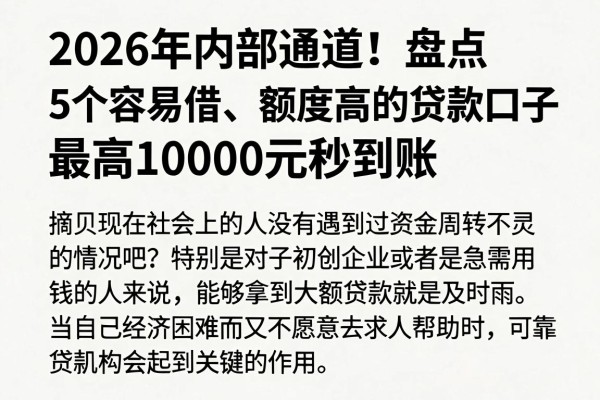 2026年内部通道！盘点5个容易借、额度高的贷款口子，最高10000元秒到账
