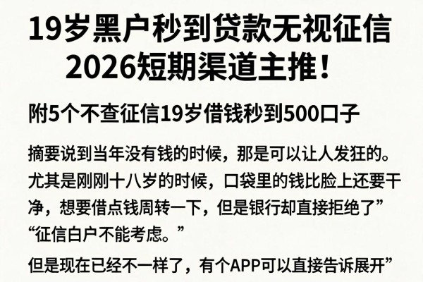 19岁黑户秒到贷款无视征信,2026短期渠道主推!附5个不查征信19岁借钱秒到500口子