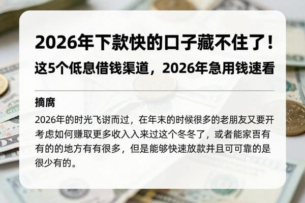 2026年下款快的口子藏不住了！这5个低息借钱渠道，2026年急用钱速看