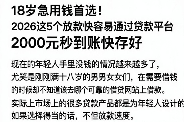 18岁急用钱首选!2026这5个放款快容易通过贷款平台,2000元秒到账快存好