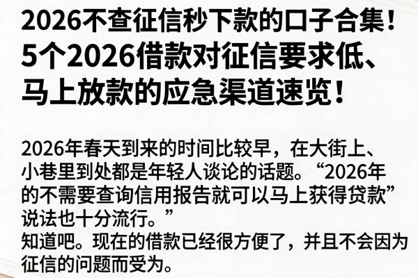 2026不查征信秒下款的口子合集!5个2026借款对征信要求低、马上放款的应急渠道速览