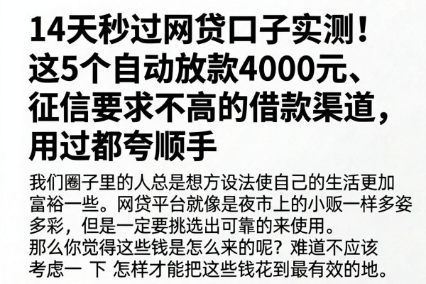 14天秒过网贷口子实测!这5个自动放款4000元、征信要求不高的借款渠道,用过都夸顺手