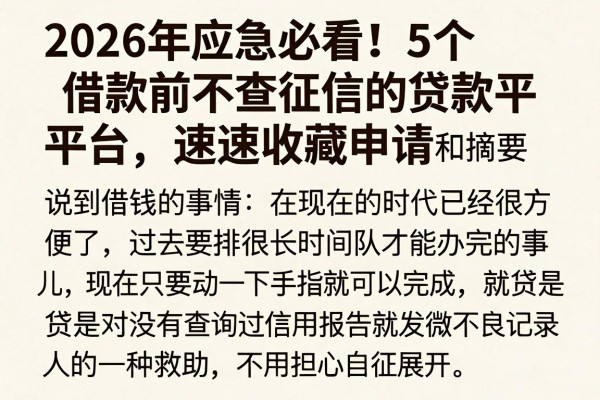 2026年应急必看!5个借款前不查征信的贷款平台速速收藏申请