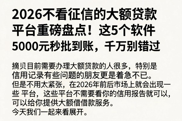 2026不看征信的大额贷款平台重磅盘点!这5个软件5000元秒批到账,千万别错过