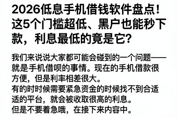 2026低息手机借钱软件盘点!这5个门槛超低、黑户也能秒下款,利息最低的竟是它?