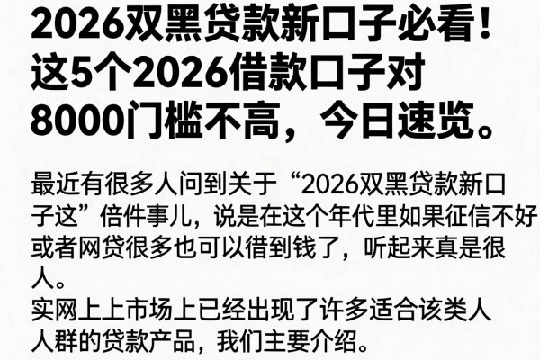 2026双黑贷款新口子必看!这5个2026借款口子对8000门槛不高,今日速览