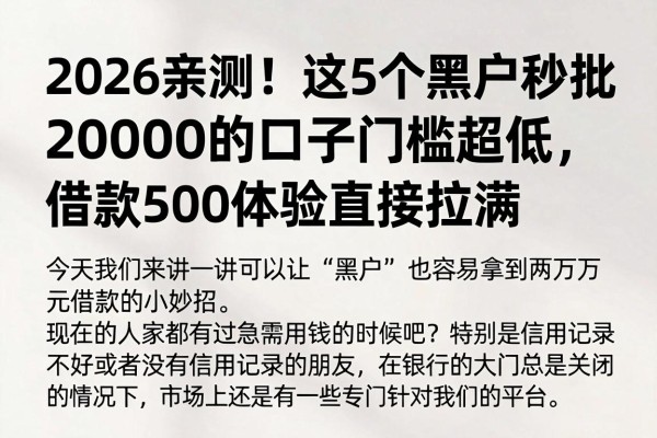 2026亲测!这5个黑户秒批20000的口子门槛超低,借款500体验直接拉满
