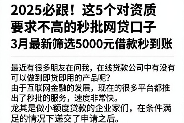 2025必跟！这5个对资质要求不高的秒批网贷口子，3月最新筛选5000元借款秒到账