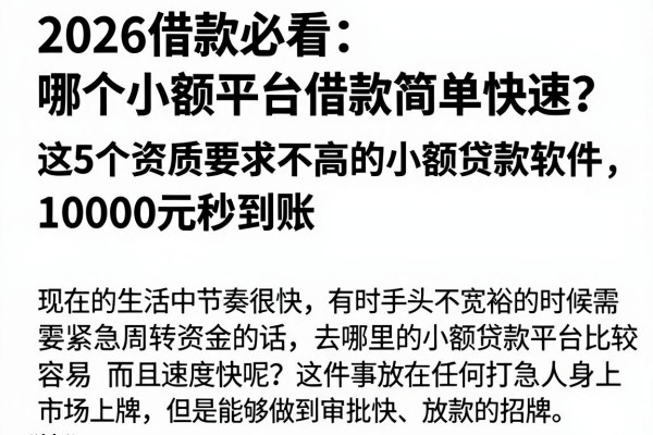 2026借款必看:哪个小额平台借款简单快速?这5个资质要求不高的小额贷款软件,10000元秒到账
