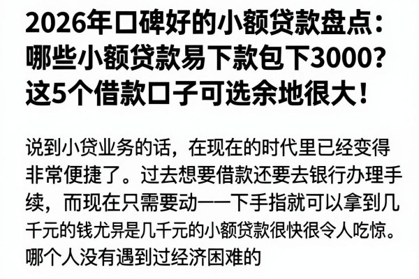 2026年口碑好的小额贷款盘点：哪些小额贷款易下款包下3000？这5个借款口子可选余地很大！