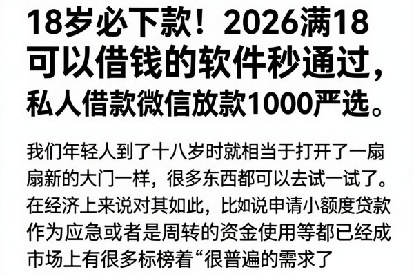 18岁必下款!2026满18可以借钱的软件秒通过,私人借款微信放款1000严选