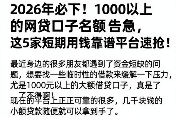 2026年必下!1000以上的网贷口子名额告急,这5家短期用钱靠谱平台速抢