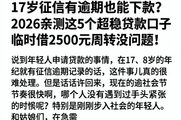 17岁征信有逾期也能下款?2026亲测这5个超稳贷款口子,临时借2500元周转没问题