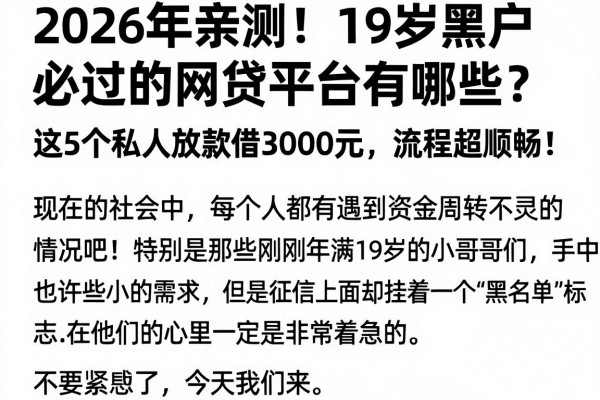 2026年亲测!19岁黑户必过的网贷平台有哪些?这5个私人放款借3000元,流程超顺畅!