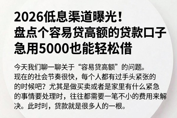 2026低息渠道曝光！盘点五个容易贷高额的贷款口子，急用5000也能轻松借