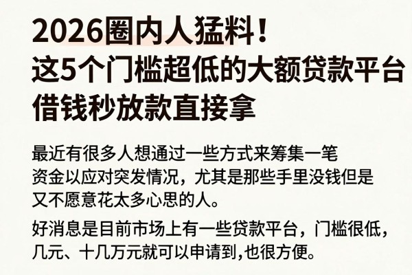 2026圈内人猛料!这5个门槛超低的大额贷款平台,借钱秒放款直接拿