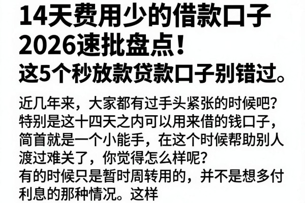 14天费用少的借款口子2026速批盘点!这5个秒放款贷款口子别错过