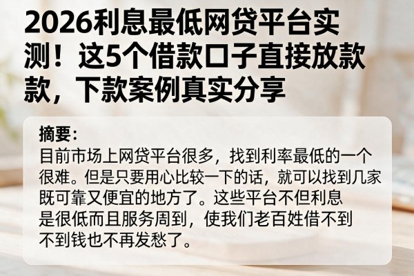 2026利息最低网贷平台实测！这5个借款口子直接放款，下款案例真实分享