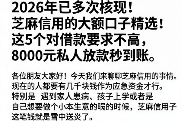 2026年已多次核实！芝麻信用的大额口子精选：这5个对借款要求不高，8000元私人放款秒到账