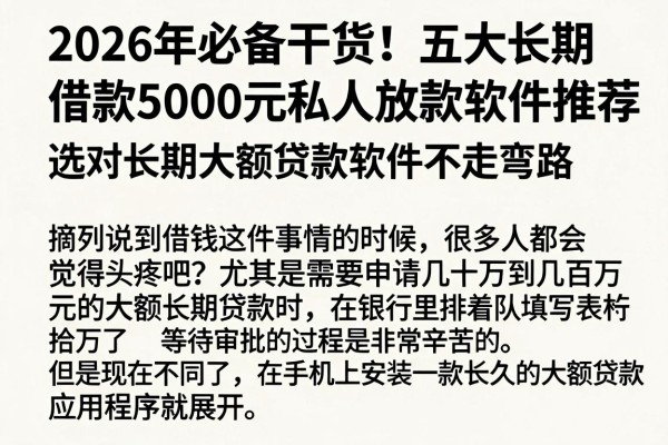 2026年必备干货!五大长期借款5000元私人放款软件推荐,选对长期大额贷款软件不走弯路