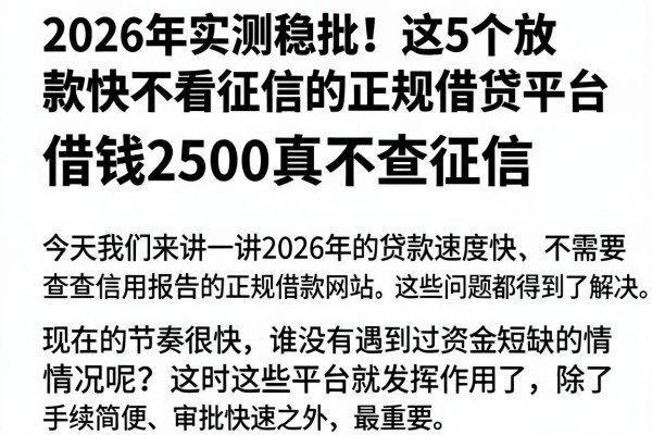 2026年实测稳批!这5个放款快不看征信的正规借贷平台,借钱2500真不查征信
