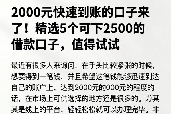 2000元快速到账的口子来了!精选5个可下2500的借款口子,值得试试