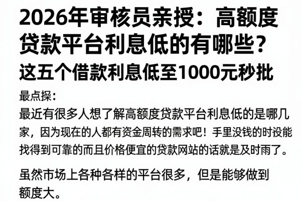 2026年审核员亲授:高额度贷款平台利息低的有哪些?这五个借款利息低至1000元秒批