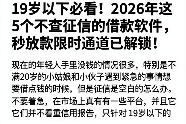 19岁以下必看！2026年这5个不查征信的借款软件，秒放款限时通道已解锁