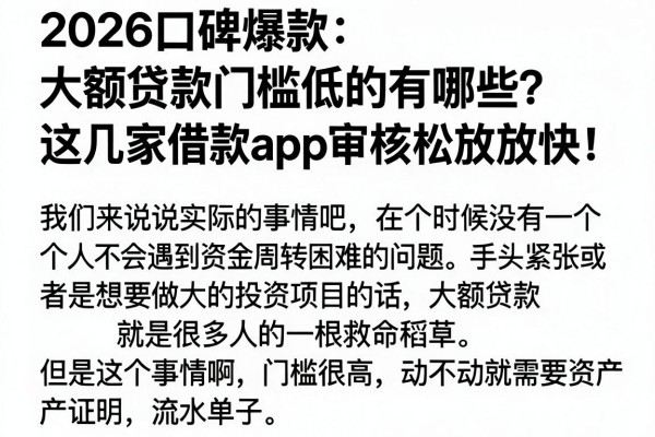 2026口碑爆款:大额贷款门槛低的有哪些?这几家借款APP审核松放款快!