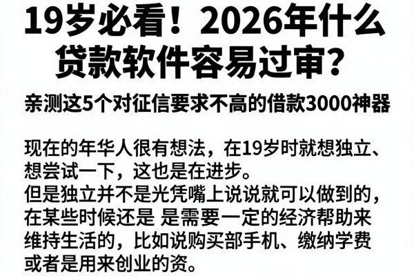 19岁必看!2026年什么贷款软件容易过审?亲测这5个对征信要求不高的借款3000神器