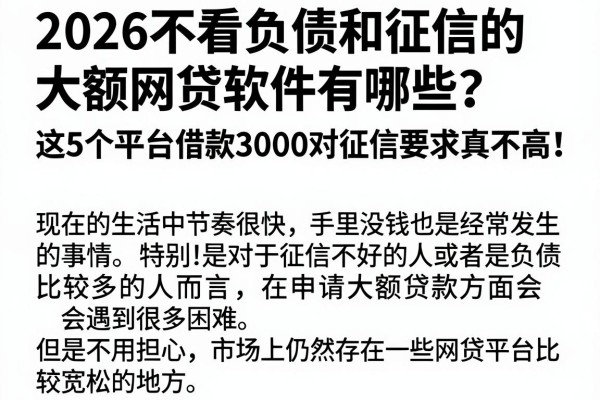 2026不看负债和征信的大额网贷软件有哪些?这5个平台借款3000对征信要求真不高!