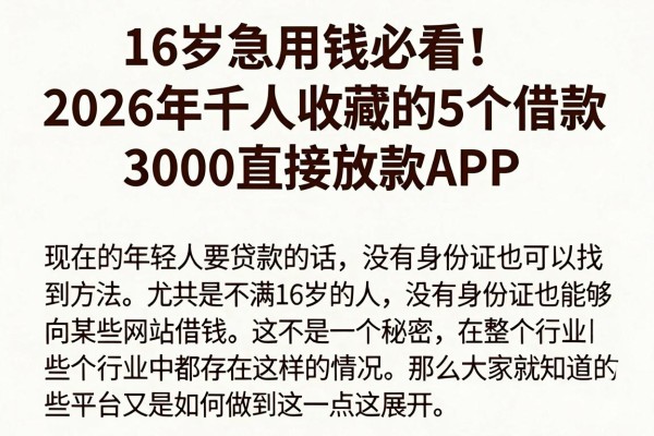16岁急用钱必看！2026年千人收藏的5个借款3000直接放款APP，对身份证要求不高甚至不需要身份证的贷款平台权威归档