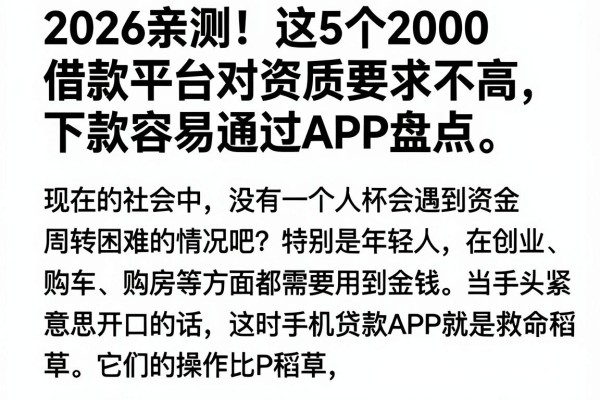 2026亲测！这5个2000借款平台对资质要求不高，下款容易通过APP盘点