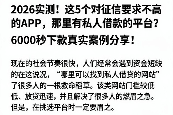 2026实测!这5个对征信要求不高的APP,那里有私人借款的平台?6000秒下款真实案例分享