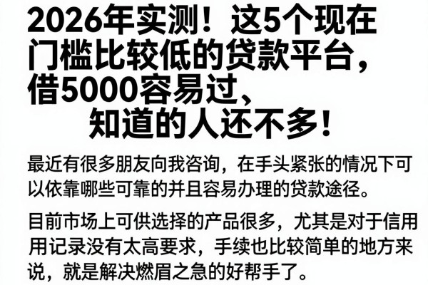 2026年实测!这5个现在门槛比较低的贷款平台,借5000容易过、知道的人还不多!