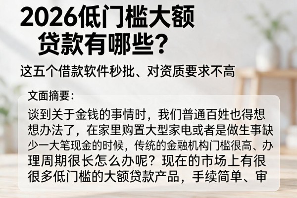 2026低门槛大额贷款有哪些？这五个借款软件秒批、对资质要求不高
