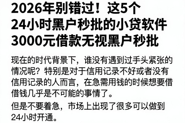 2026年别错过！这5个24小时黑户秒批的小贷软件，3000元借款无视黑户秒批