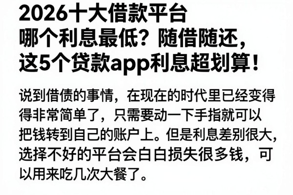 2026十大借款平台哪个利息最低?随借随还,这5个贷款APP利息超划算!